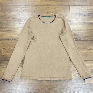 J. McLaughlin Sweater Womens Small Tan Blue Contrast Trim Pullover Crewneck